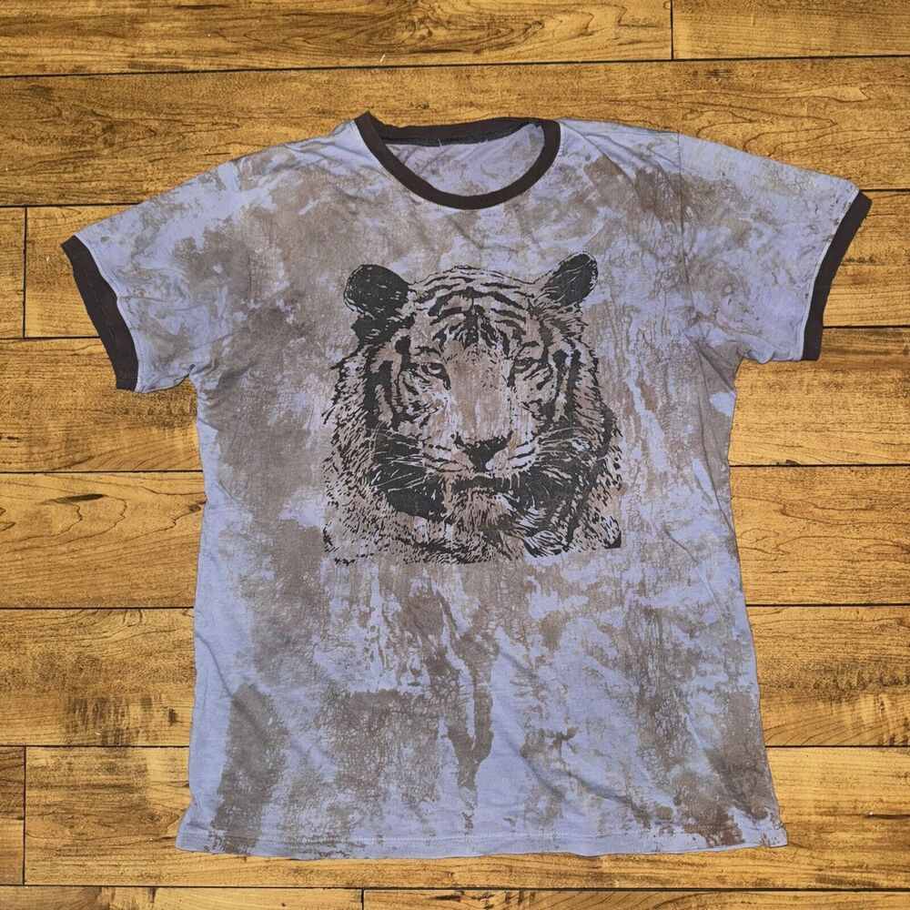 Vintage Tiger Tie Dye Ringer T-Shirt Blue 20x26 Med Made In USA Paper Thin